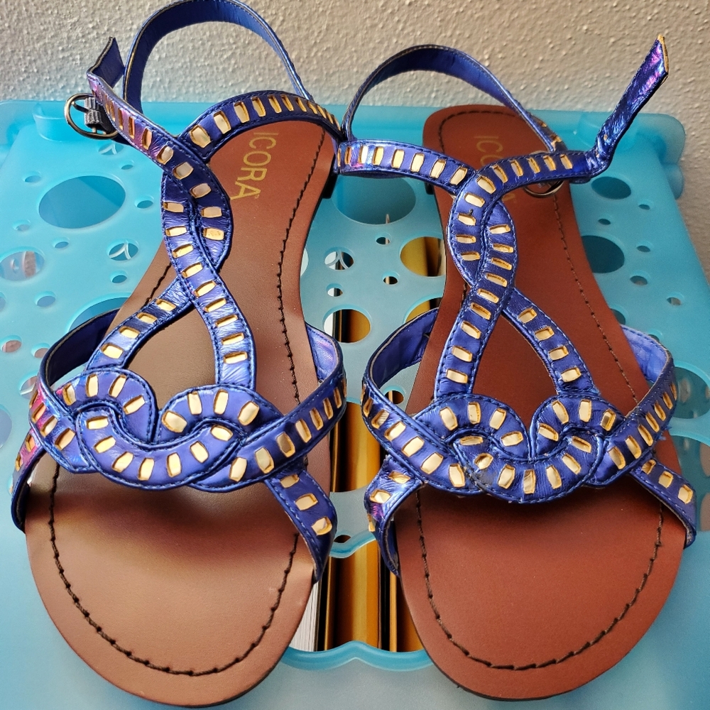 Metallic Blue Strappy Flat Sandals Women's 9